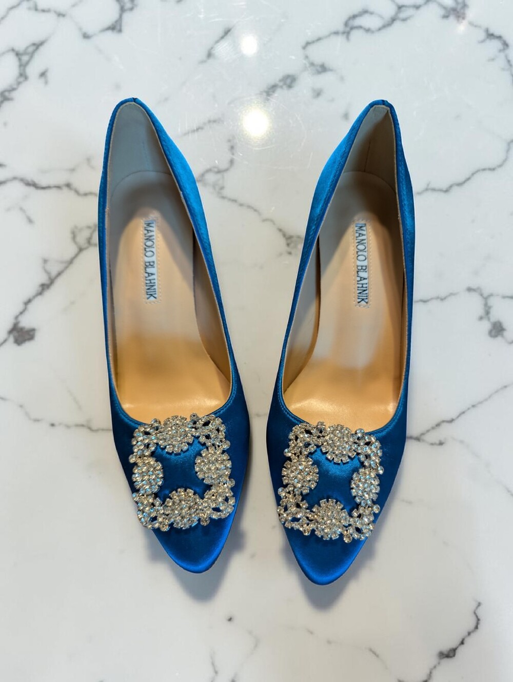 Manolo Blahnik HANGISI Blue Satin Jewel Buckle Pumps Blue Size 36/6